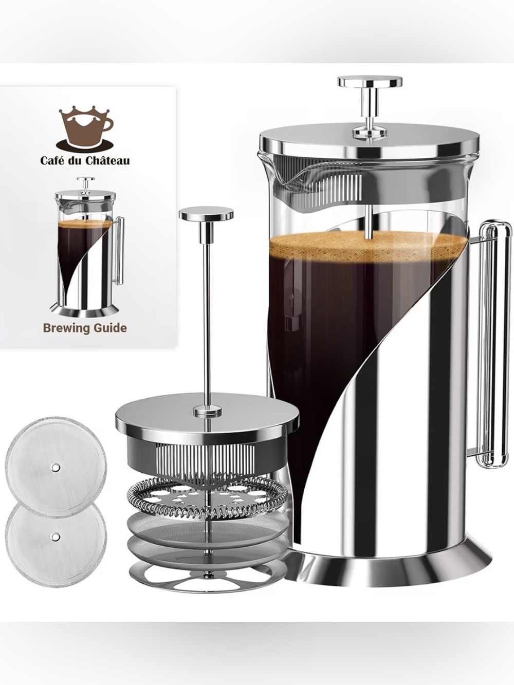 Cafe Du Chateau Stainless Steel French Press Coffee Maker 34 oz - Easy to Use